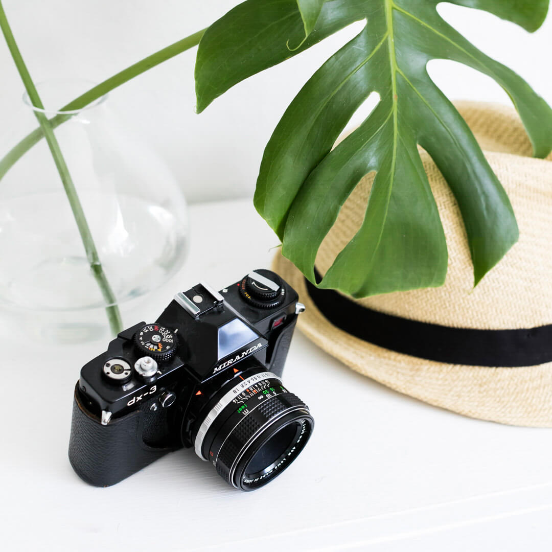 Camera with a palm leaf and sun hat on a desktop